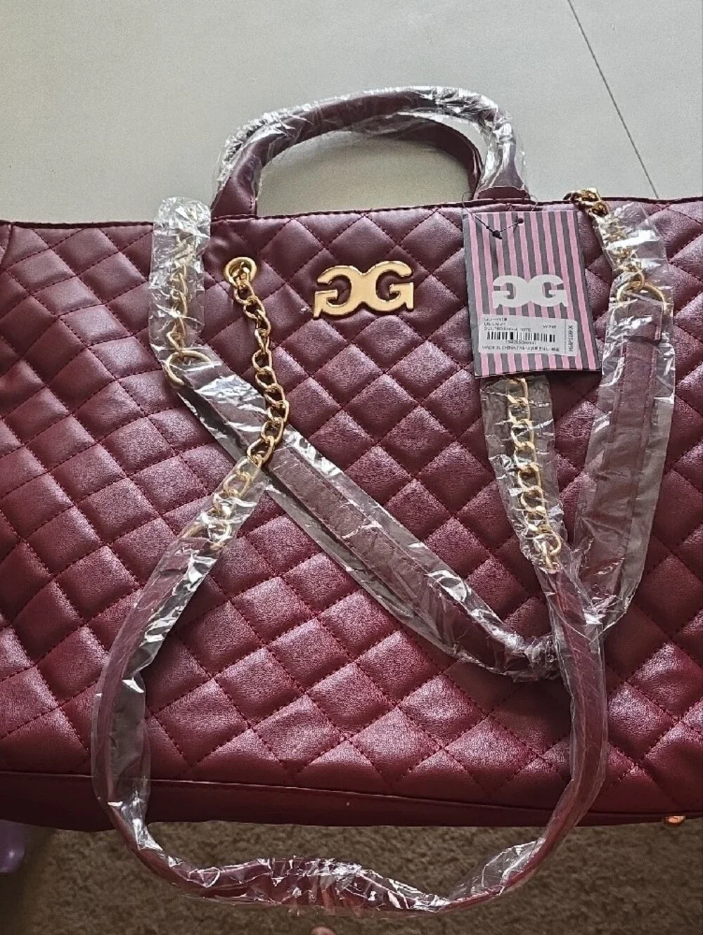 Quilted Tote Bag with Gold Chain Handles - Wine